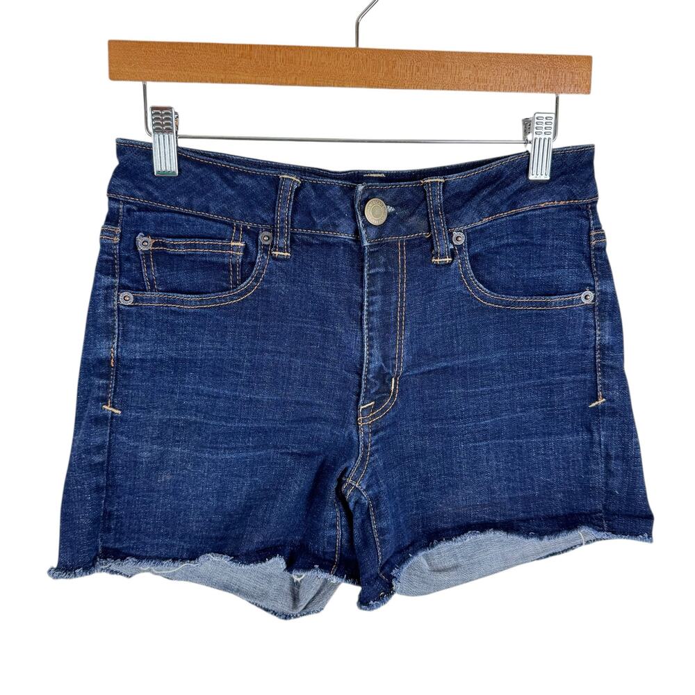 American Eagle Dark Wash Super Stretch Mid Rise Cut Off Raw Hem Jean Shorts Sz 8